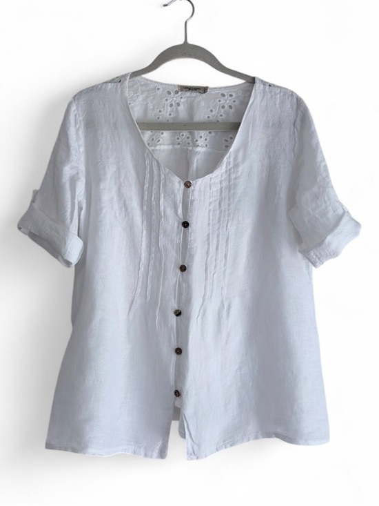 Lungo L’Arno Tops - Lungo L'Arno 100% Linen White Pintuck Roll Sleeve Button Down Shirt Size L